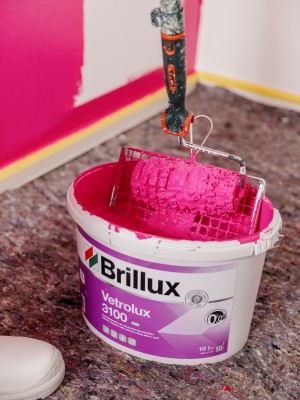  Eine Farbrolle wird in einen Eimer mit pinker Brillux-Farbe getaucht. Der Eimer trägt die Aufschrift "Brillux Vetrolux 3100".