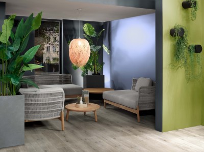 Lampe in Raum mit glänzend schwarzen Wänden und Pflanzen