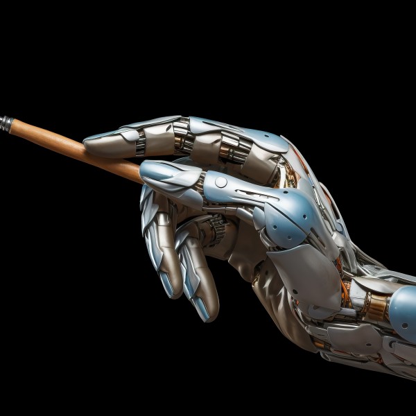 Roboterhand hält einen Pinsel vor schwarzem Hintergrund.