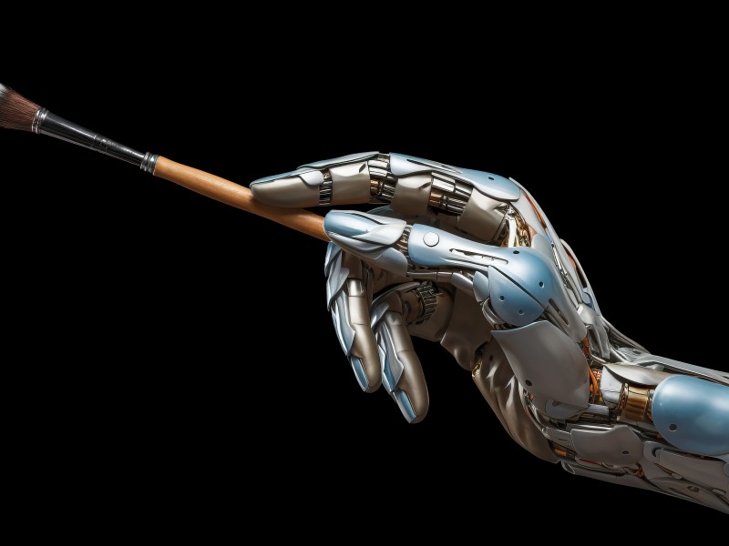 Roboterhand hält einen Pinsel vor schwarzem Hintergrund.